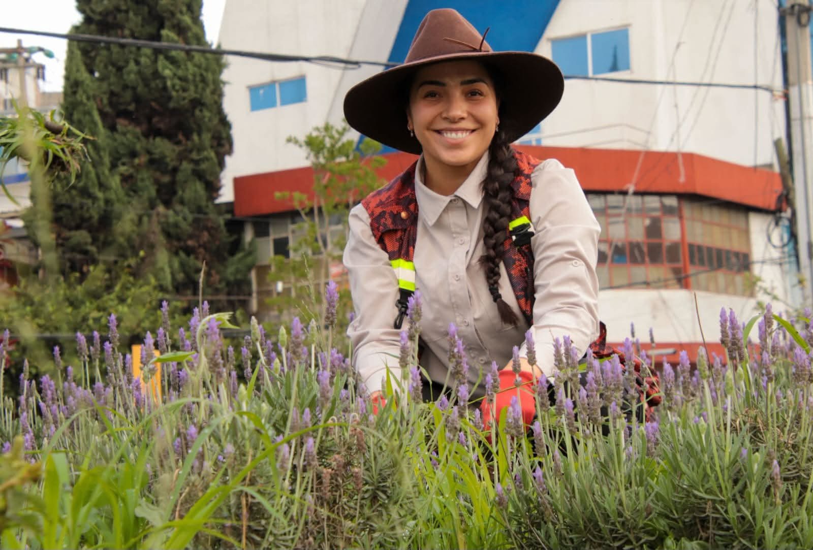 Arleth Grimaldo sembrando lavanda en un jardín recuperado de Tlalnepantla